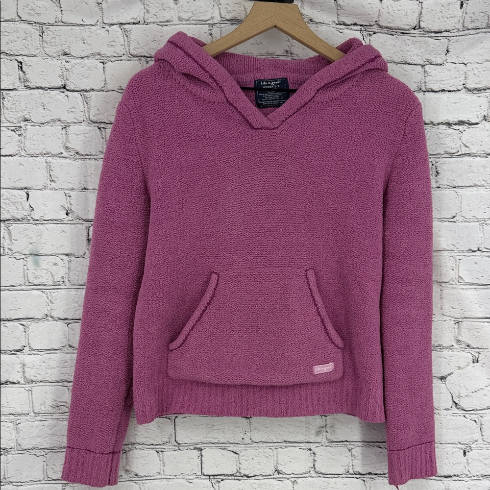 LIFE IS GOOD Textured Fleece Pullover Hoodie Sweater SMALL Fuchsia Rose VGC!